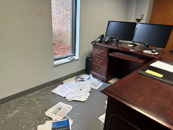 The damage that a deer did to the office of Hinesville Police Chief Lloyd Slater The damage that a deer did to the office of Hinesville Police Chief Lloyd Slater