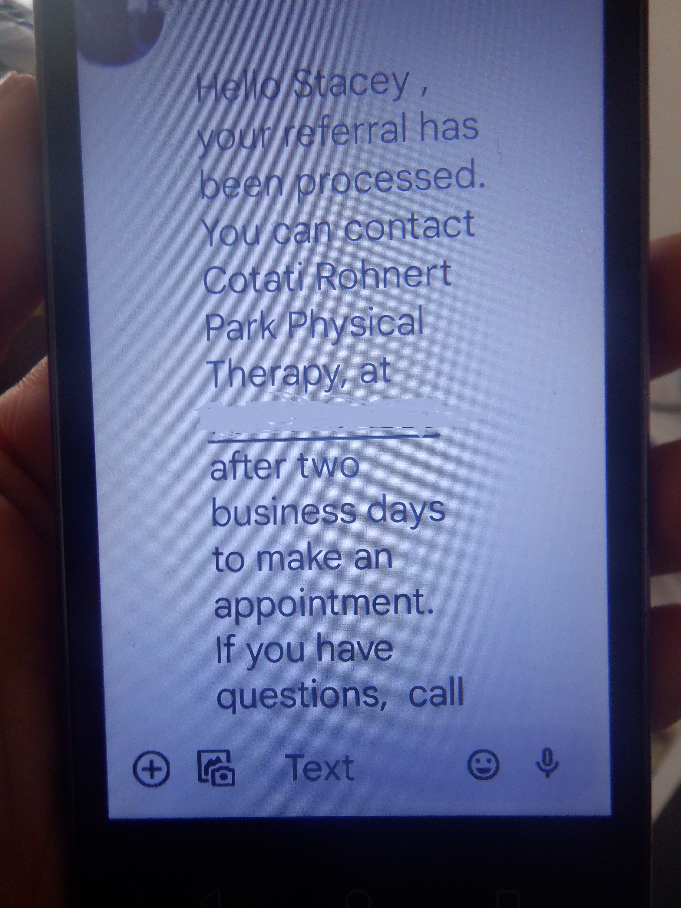 photo I took of the text I got about therapy today. 