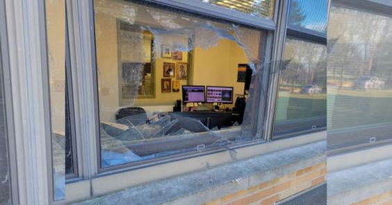 A broken window at a school in Stevens Point in Wisconsin. A broken window at a school in Stevens Point in Wisconsin.