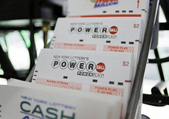 An image of a Powerball lottery ticket on a rack. An image of a Powerball lottery ticket on a rack.