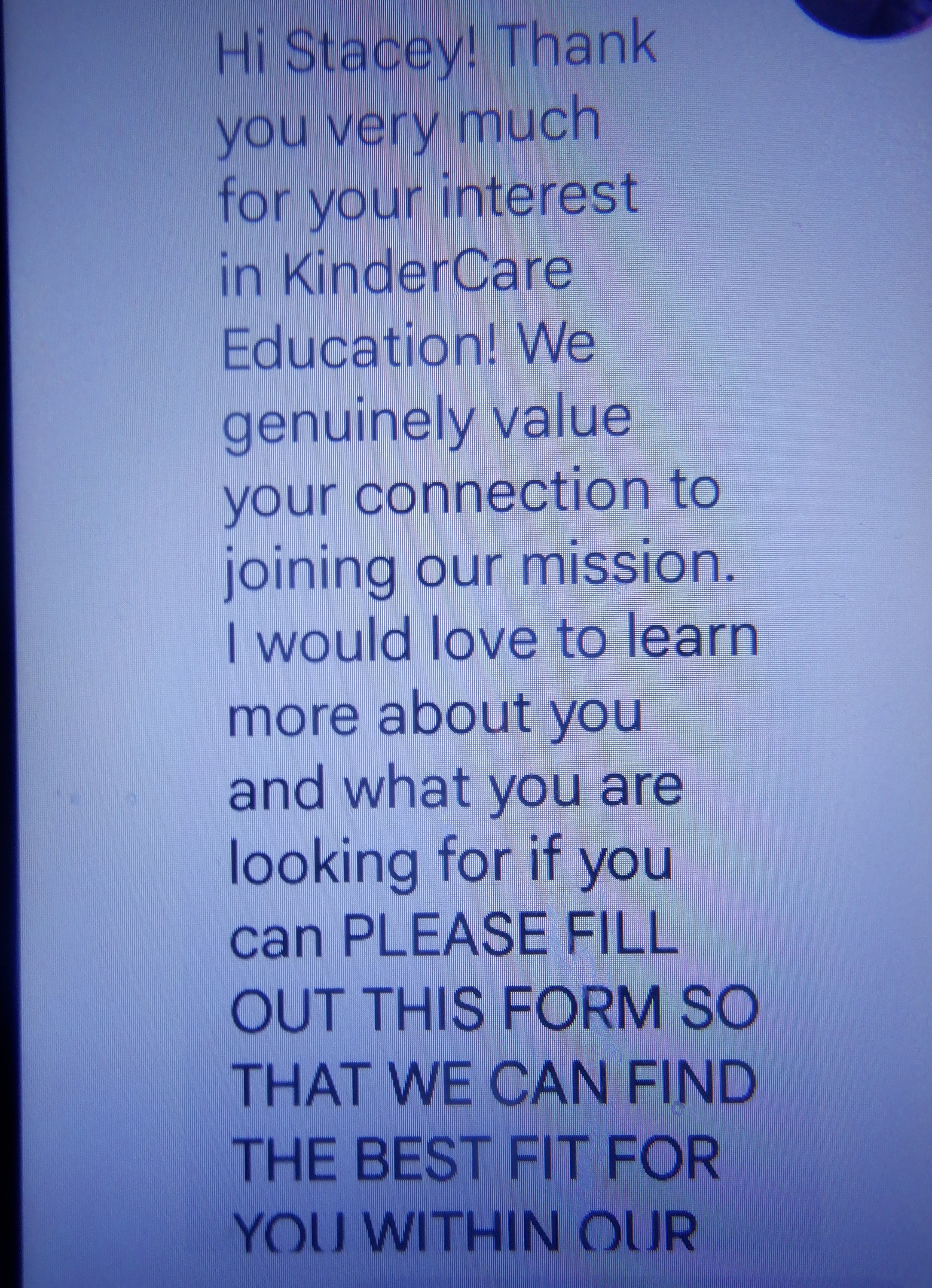 Photo I took of my phone with the text from the job I showed interest in.