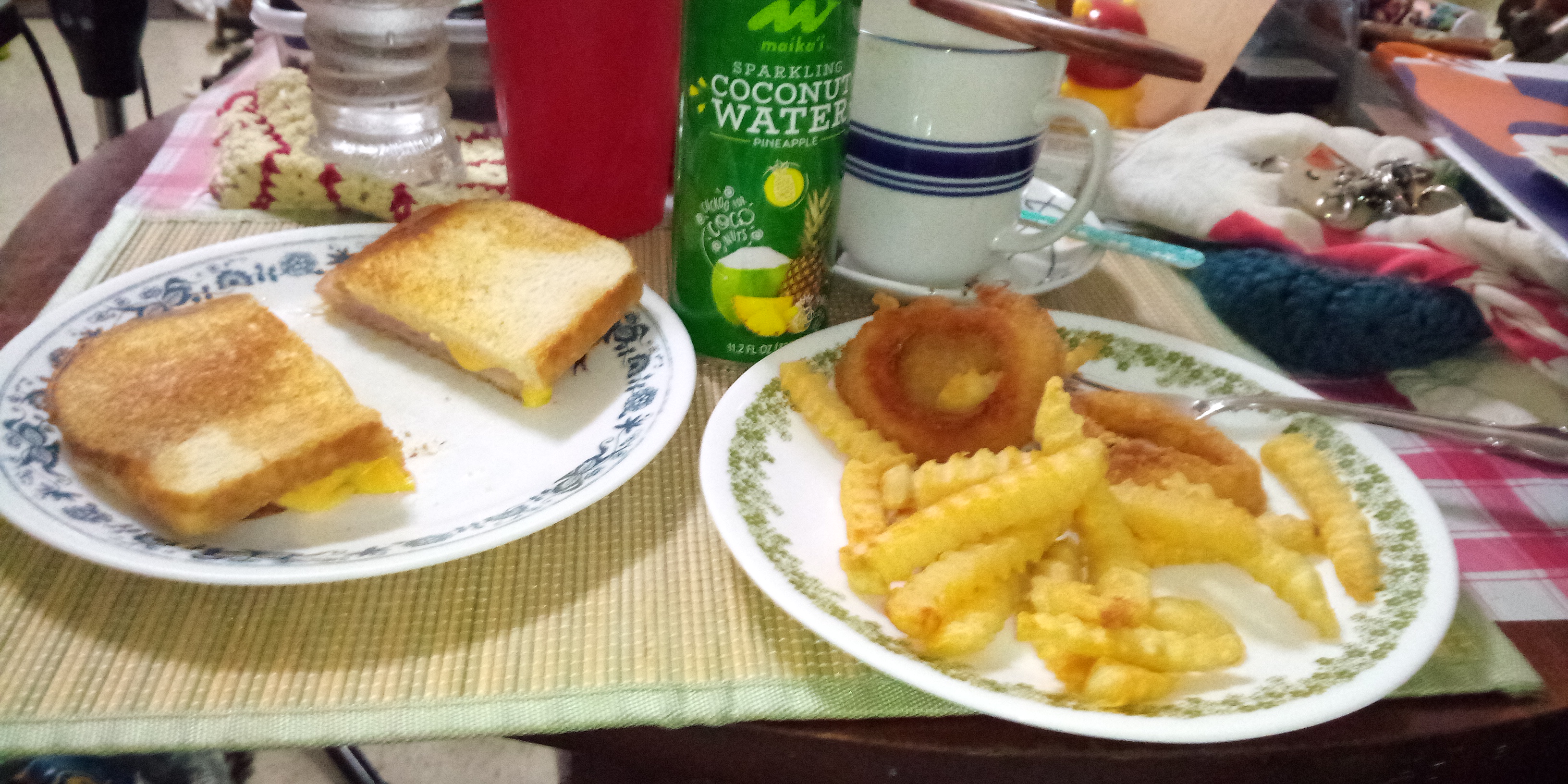 Foodland Supermarket sparkling water and grilled ham and cheese sandwich dinner.