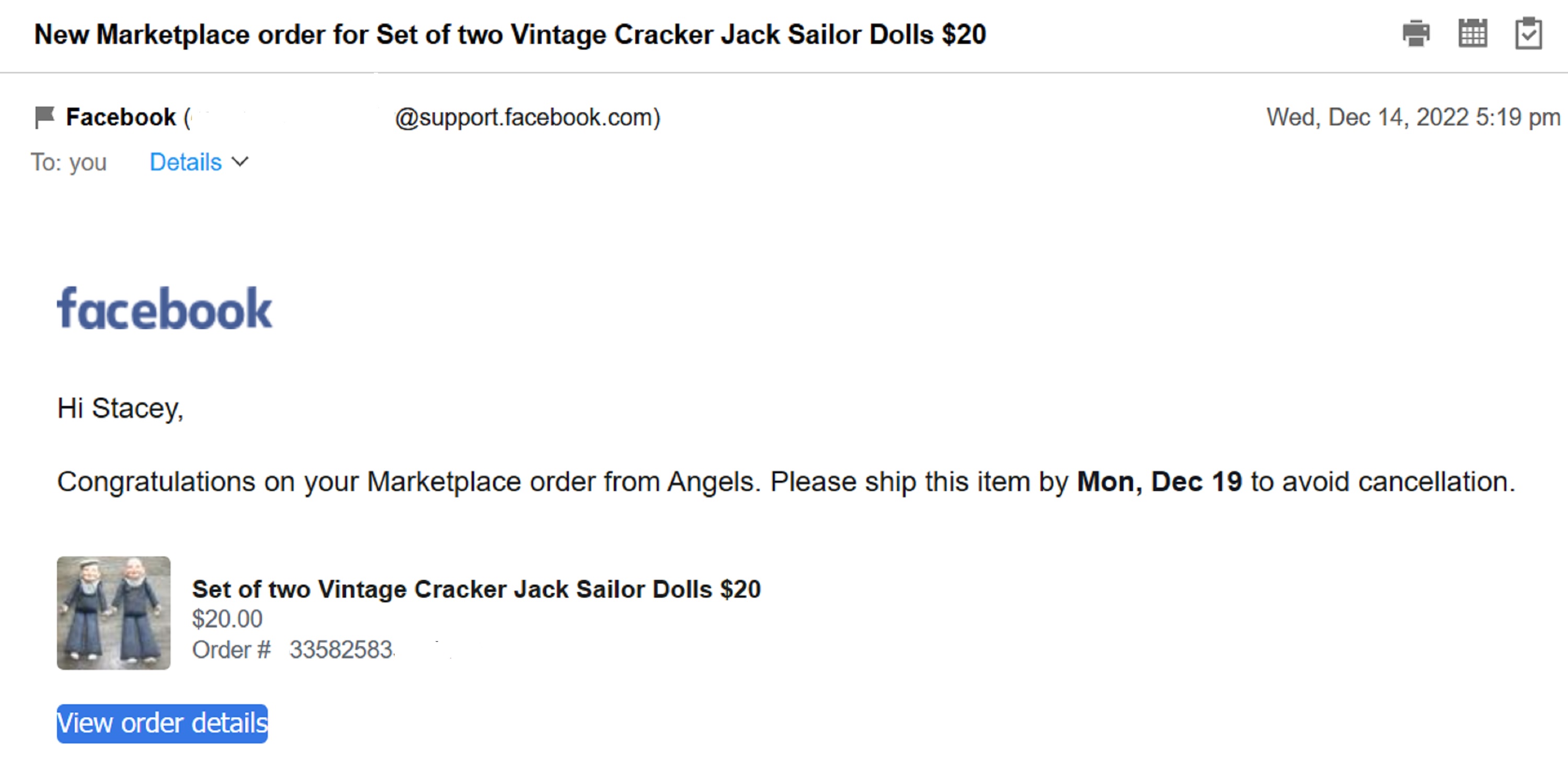 Screencap of the email from my Marketplace sale Screencap of the email from my Marketplace sale