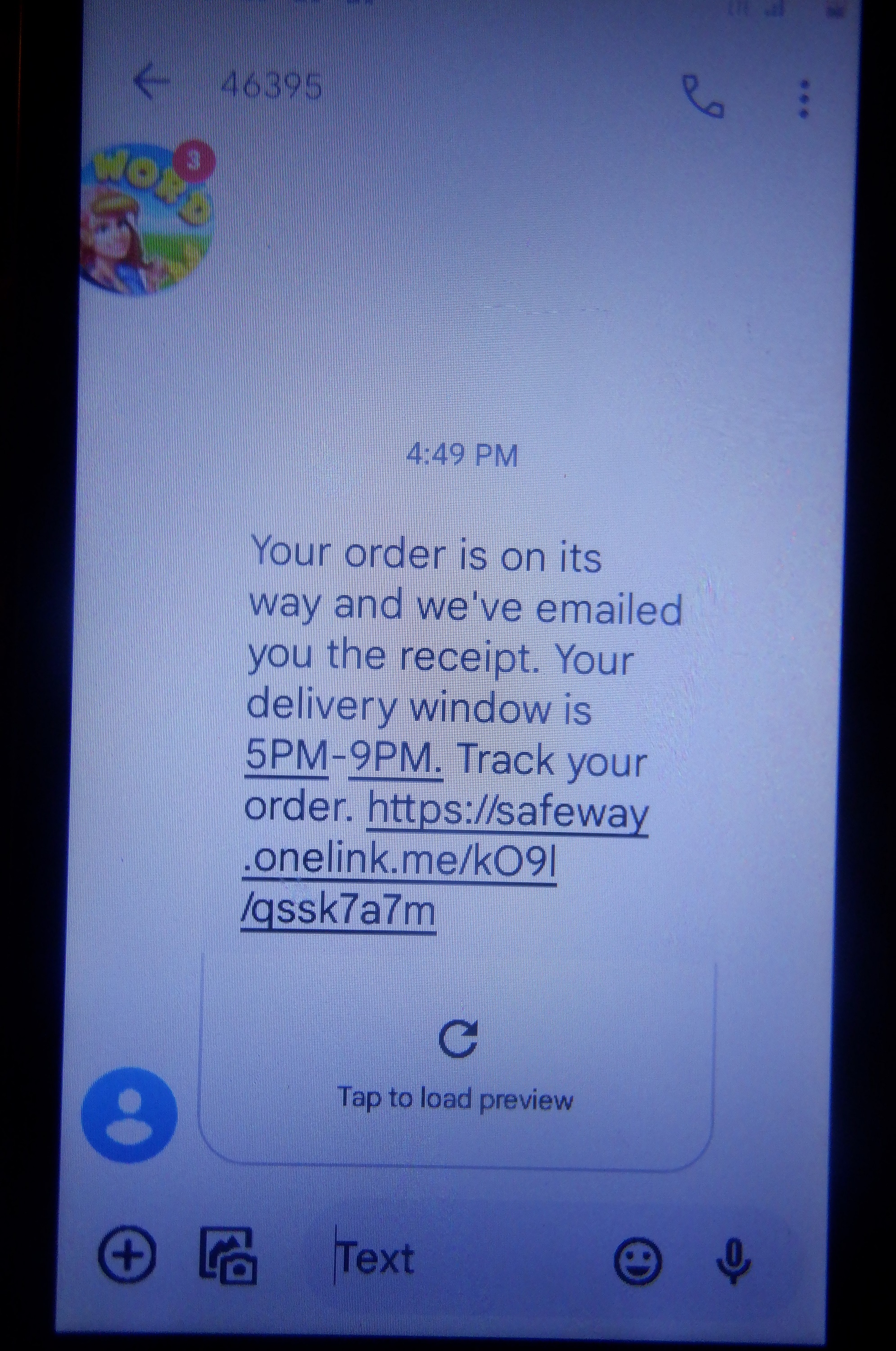 Photo I took of a text from the grocery store saying my order was coming Photo I took of a text from the grocery store saying my order was coming