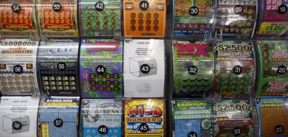 Images of lottery tickets inside of a store.