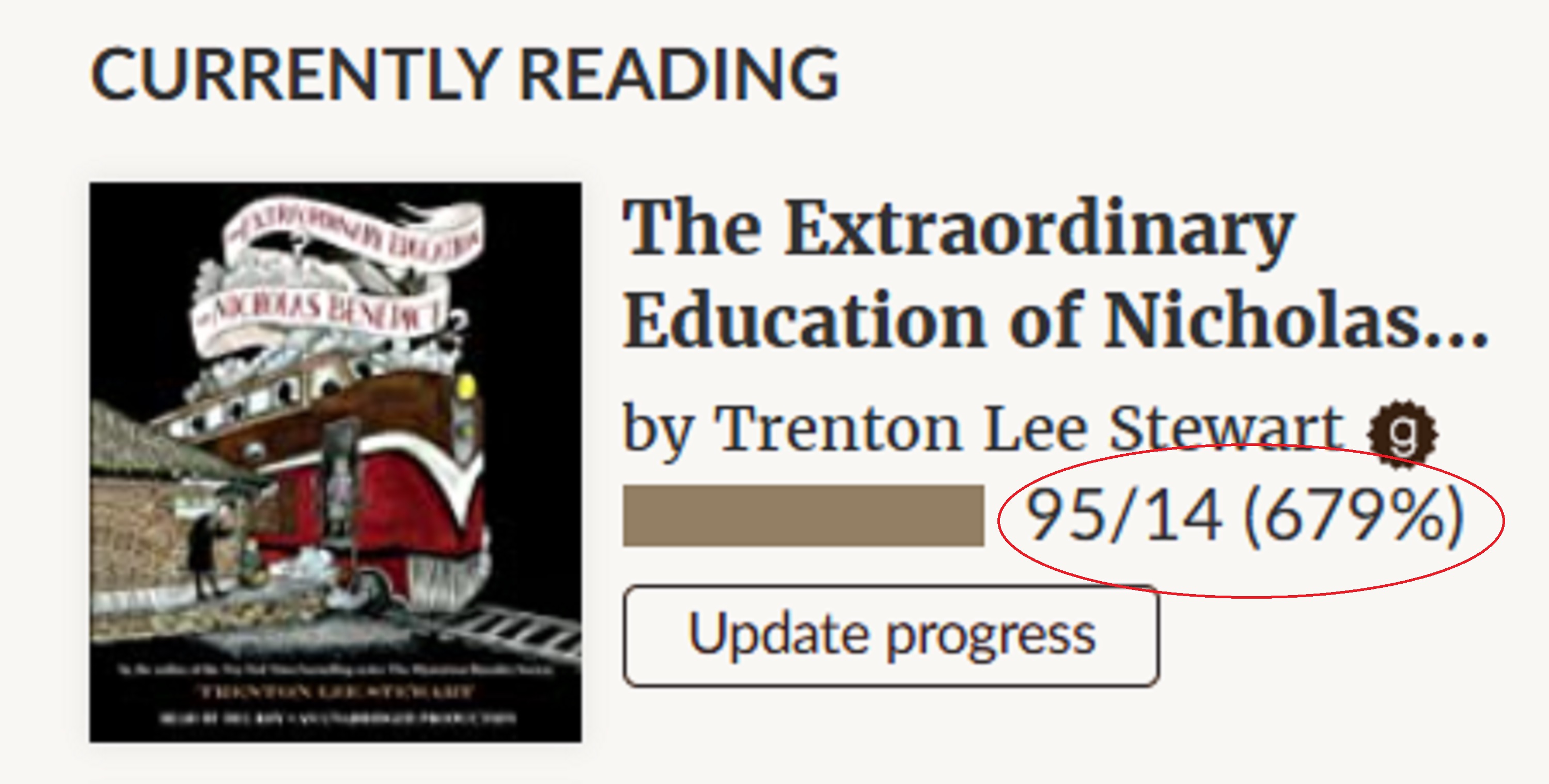 Screencap of my good reads page and how far I supposedly am in the book I'm reading. Screencap of my good reads page and how far I supposedly am in the book I'm reading.