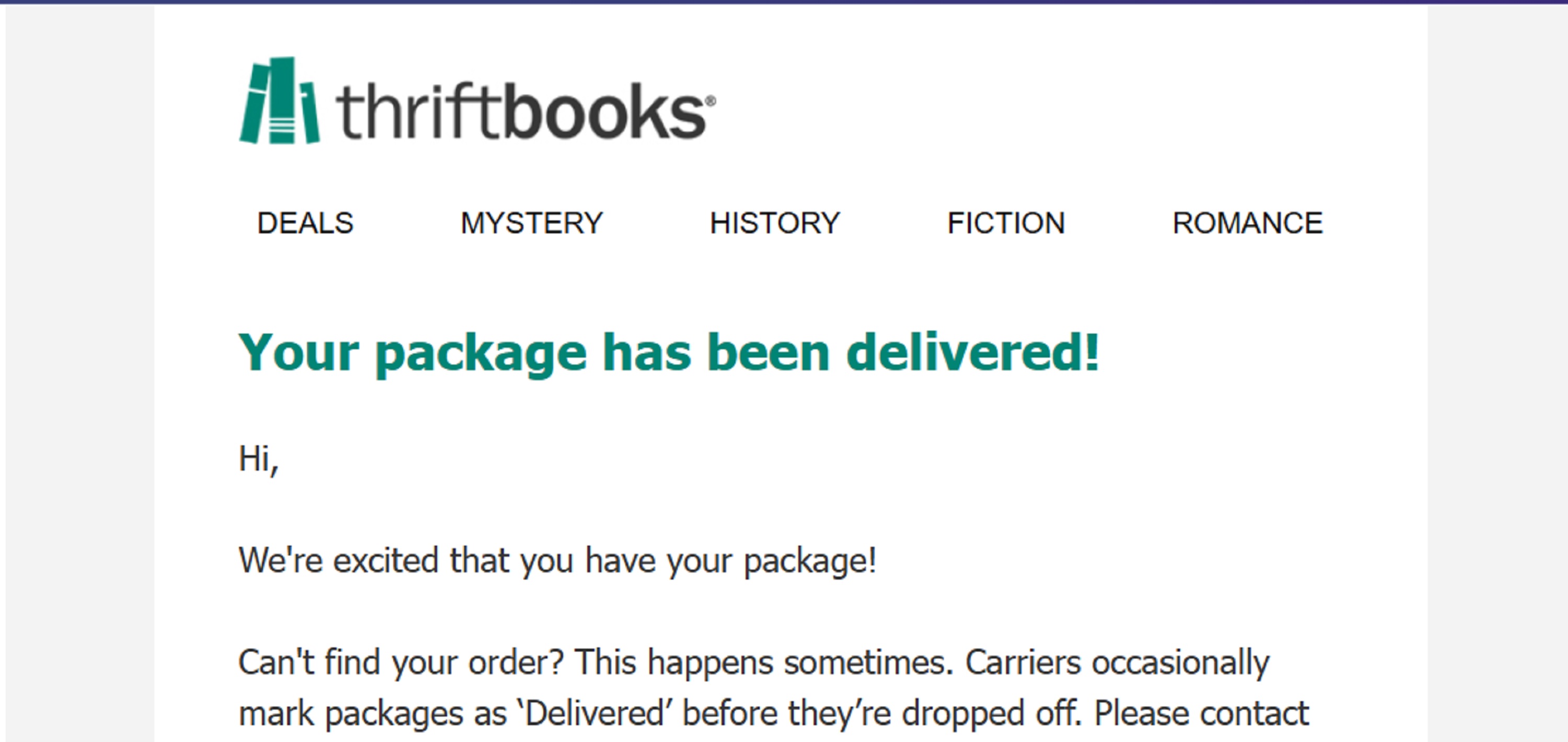 Screencap of email saying my books were delivered.