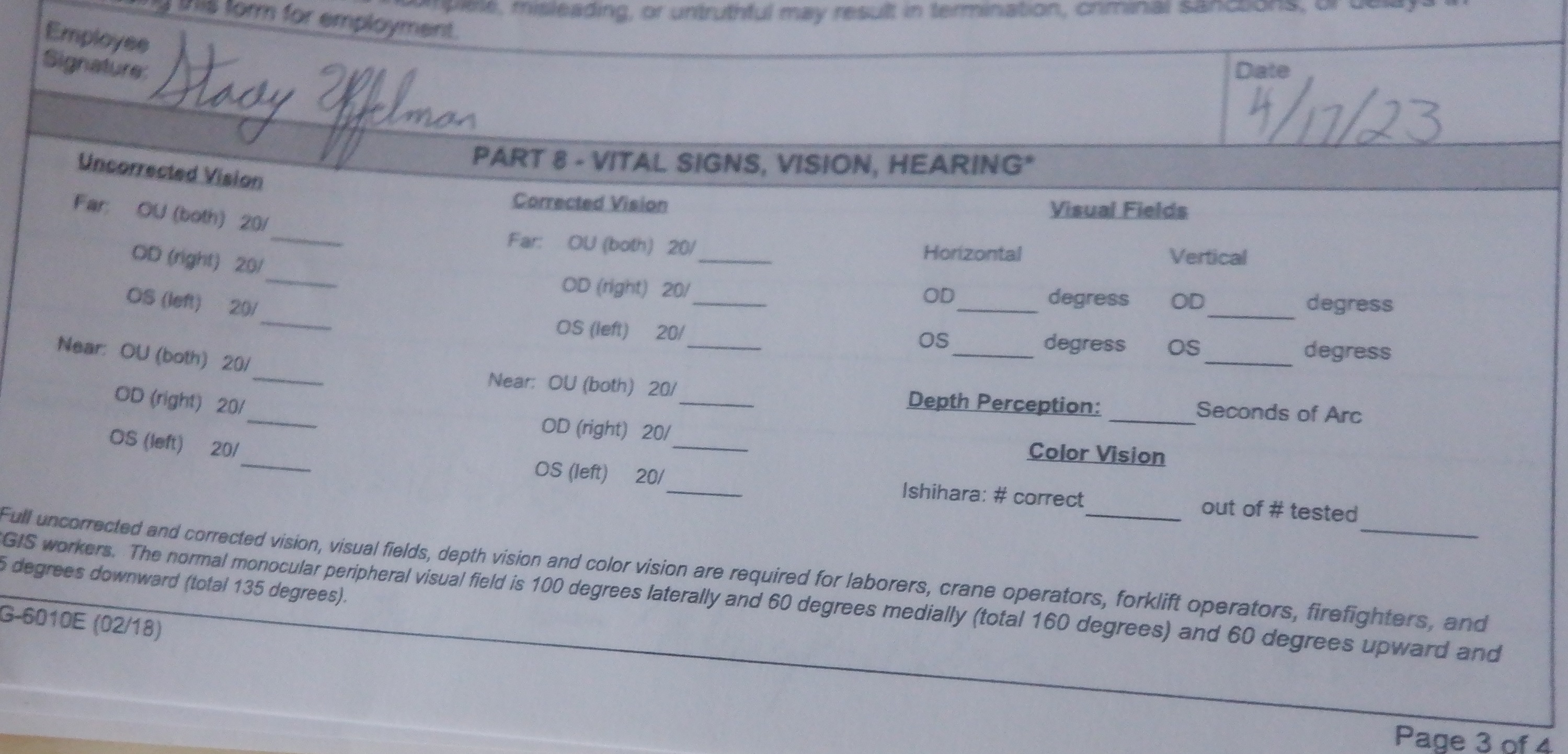 Photo I took of the vision/hearing part of the papers