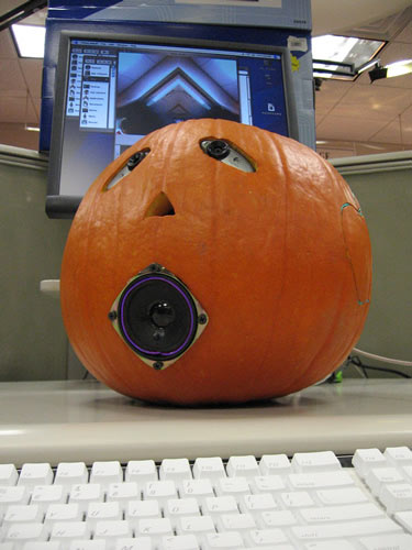 Halloween - Blue Tooth - What good is an electronic gourd without a Bluetooth keyboard and mouse? To help with pumpkin vision, the Arkansas crew used iSight software.  Credit: University of Arkansas computer store staff