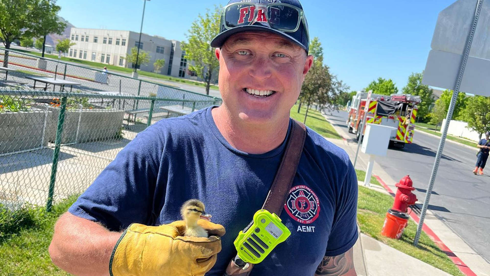 Bountiful Utah firefighters with a duckling that he and his mates saved