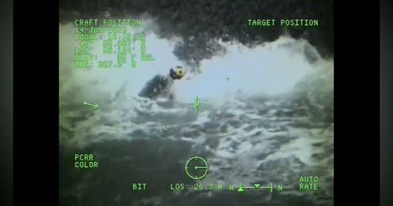 Image of a USCG diver in the Pacific Ocean rescuing a dog that fell down 300 feet