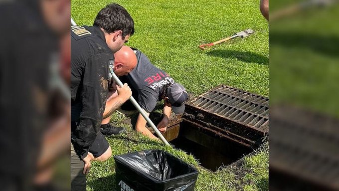 Firefighters in Calabash North Carolina rescue a baby duck in a storm drain Firefighters in Calabash North Carolina rescue a baby duck in a storm drain