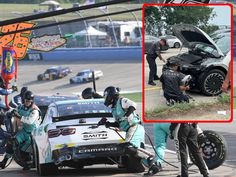 NASCAR pit crew working on repairing a damaged auto in Chicago. NASCAR pit crew working on repairing a damaged auto in Chicago.