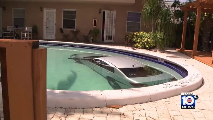 An auto accident in Florida where the auto went into a swimming pool.