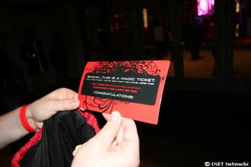 Magic Ticket - A few people waiting in line to buy a PlayStation 3 found themselves in possession of a 'magic ticket,' which entitled them to a free PS3 and other gifts. The tickets were included in three of the gift bags Sony handed out to the first 100 people in line.  Credit: Daniel Terdiman/CNET News.com