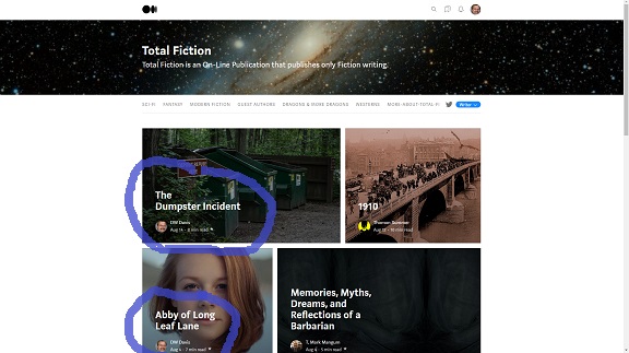 Picture of main page of Total Fiction with my 2 stories circled in blue Picture of main page of Total Fiction with my 2 stories circled in blue