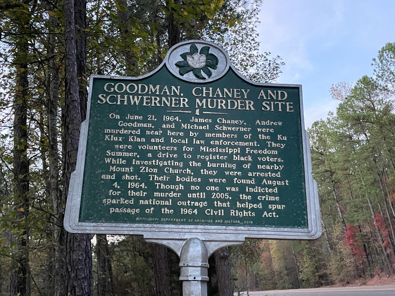 Historical marker near the place the Civil Rights workers were killed in 1964. Photo taken by and the property of FourWalls. Historical marker near the place the Civil Rights workers were killed in 1964. Photo taken by and the property of FourWalls.