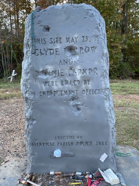 Marker at the site where Bonnie and Clyde met their end, State Road 154, near Gibsland, Louisiana.  Photo taken by and the property of FourWalls.