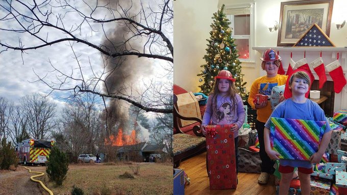 House fire in Ferrum Virginia and the children with their gifts donated by firefighters