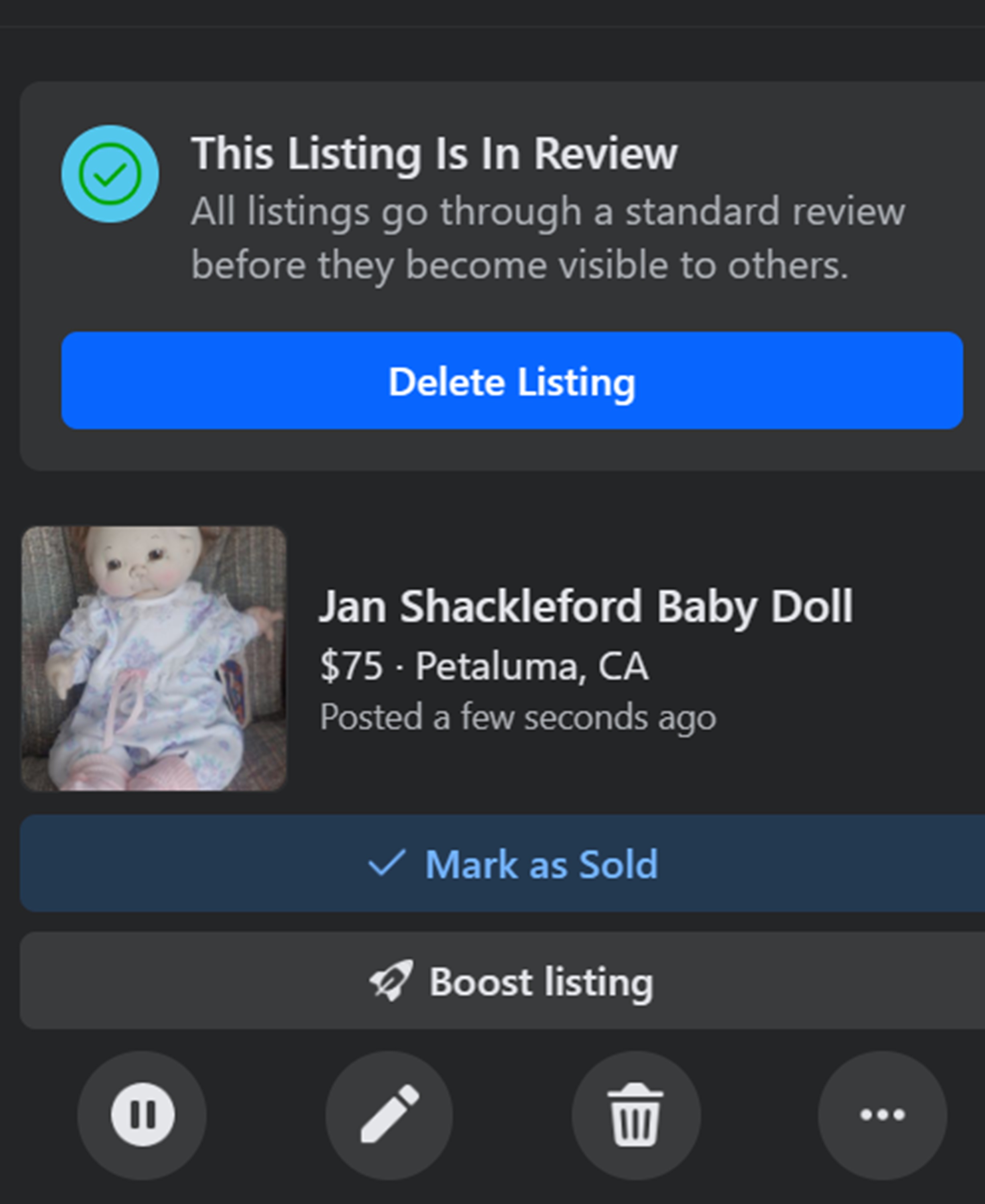 Screencap of Jan Shackleford doll listing waiting for approval