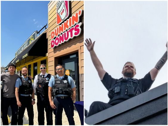 Police officers outside of a Dunkin' Donuts in Illinois. Police officers outside of a Dunkin' Donuts in Illinois.