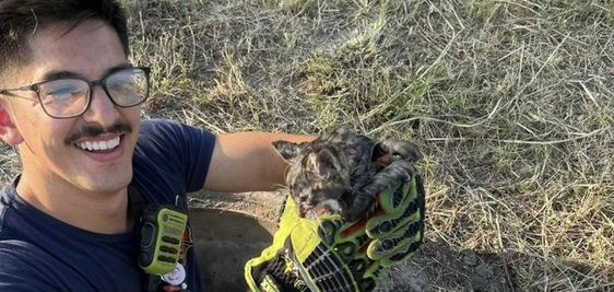 Firefighters in Seguin Texas rescue a kitten from a storm drain