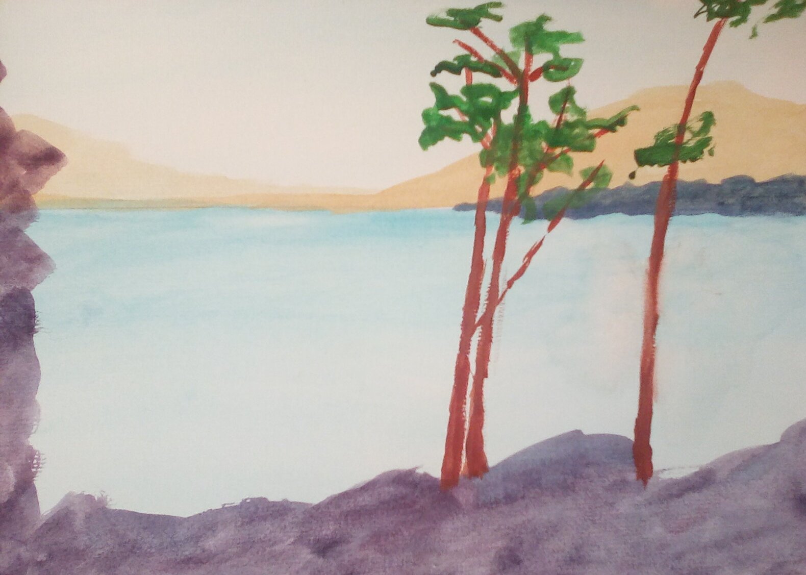 Lakeside scene with trees.