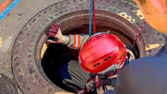 Oklahoma City firefighters rescue a man who fell though a manhole. Oklahoma City firefighters rescue a man who fell though a manhole.