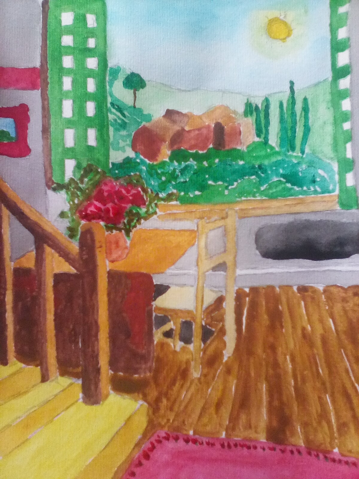 View out of a window watercolour painting. View out of a window watercolour painting.