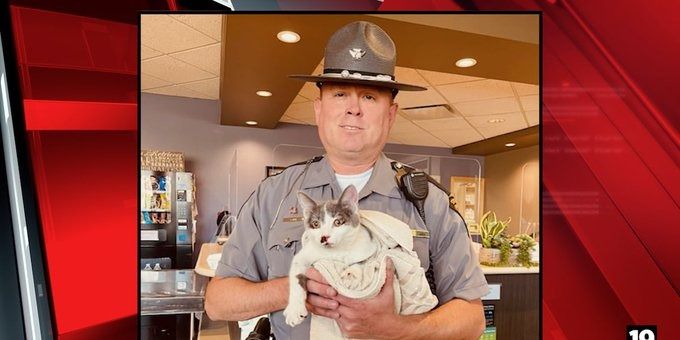 Ohio State Trooper Justin Smith with a kitten he saved on an interstate guardrail. Ohio State Trooper Justin Smith with a kitten he saved on an interstate guardrail.
