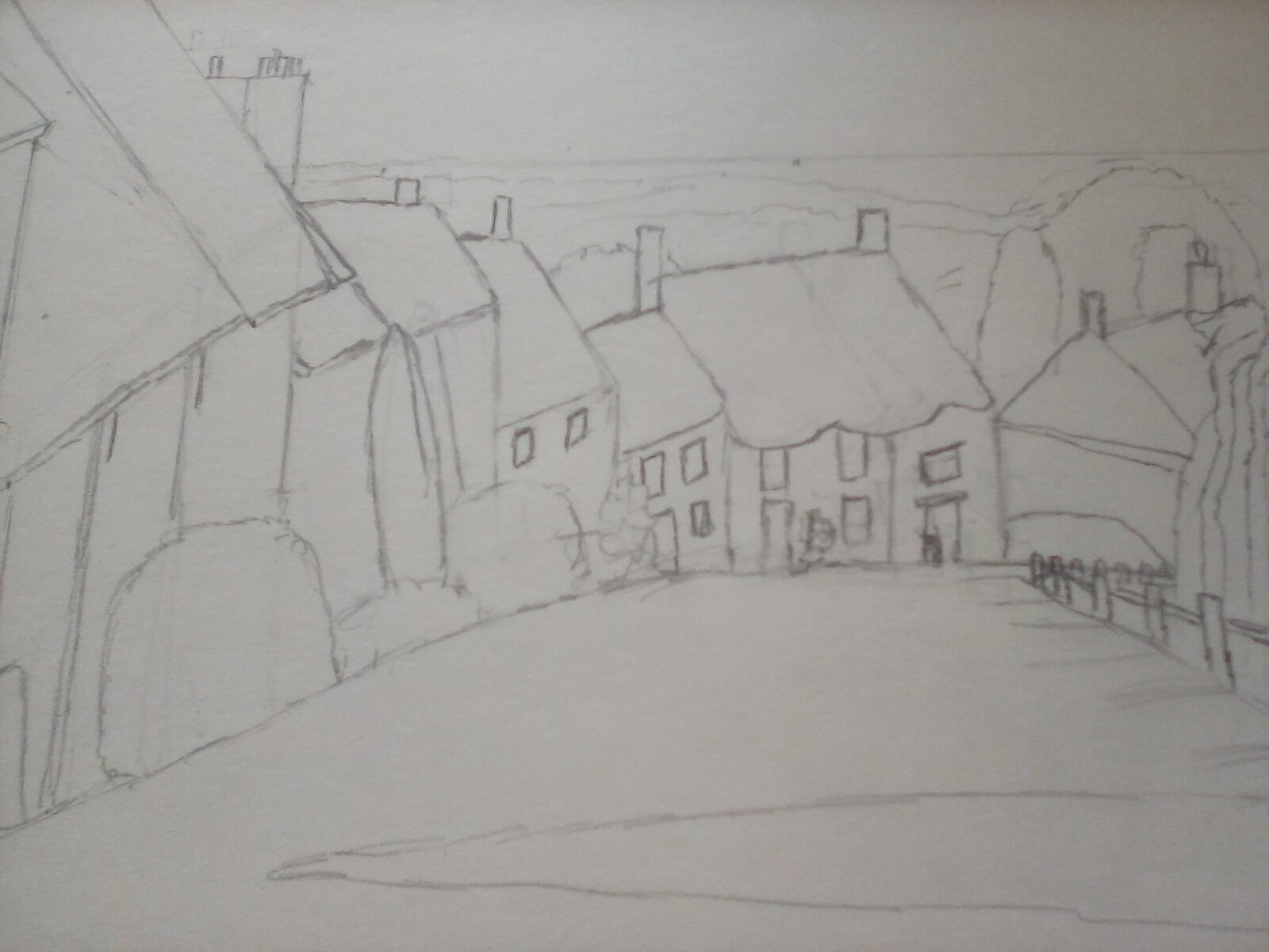 A drawing of a street scene ready to paint. A drawing of a street scene ready to paint.