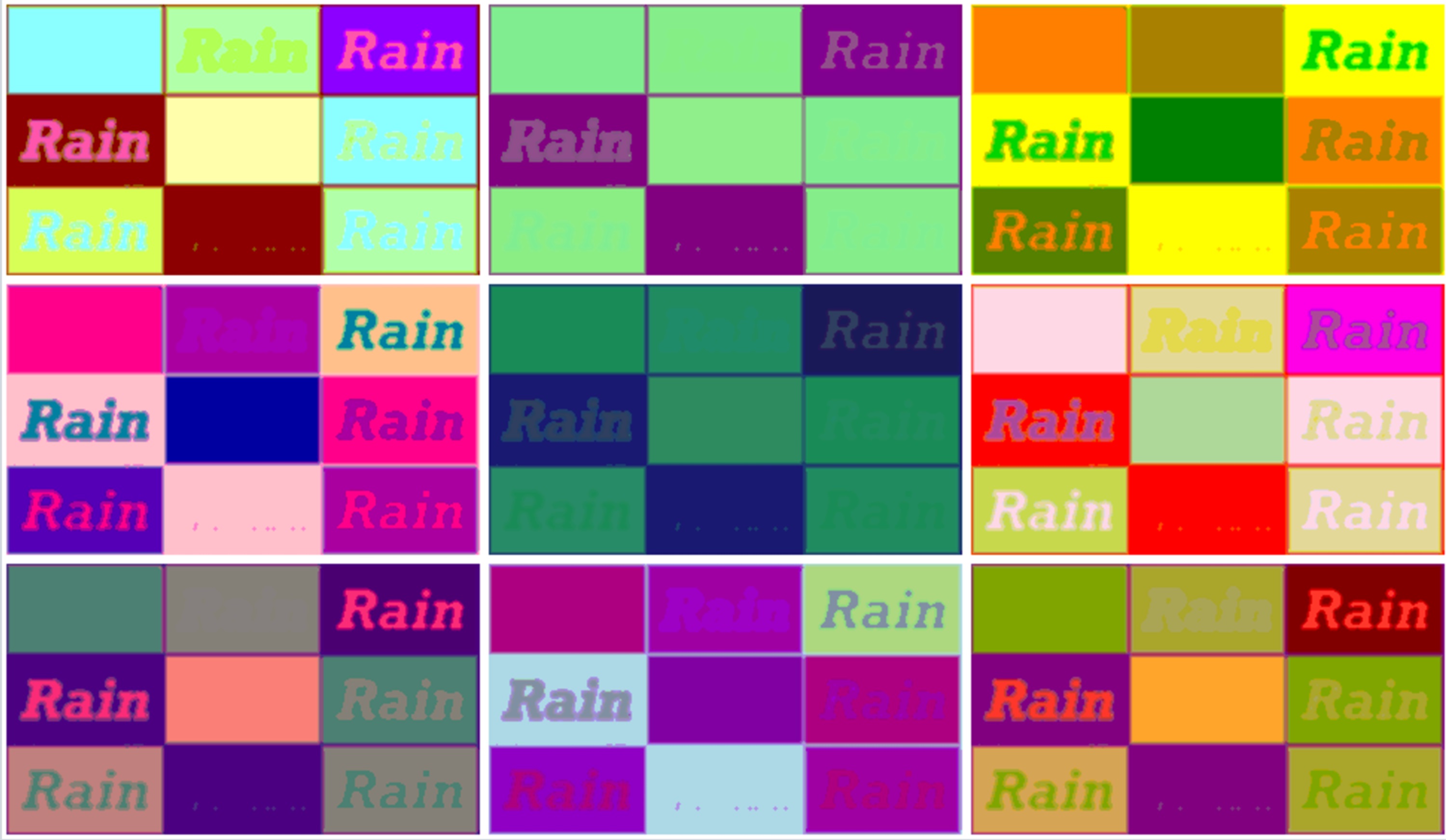 Rain word w Warhol effect x9x2 on Microsoft Paint and LunaPic.com
