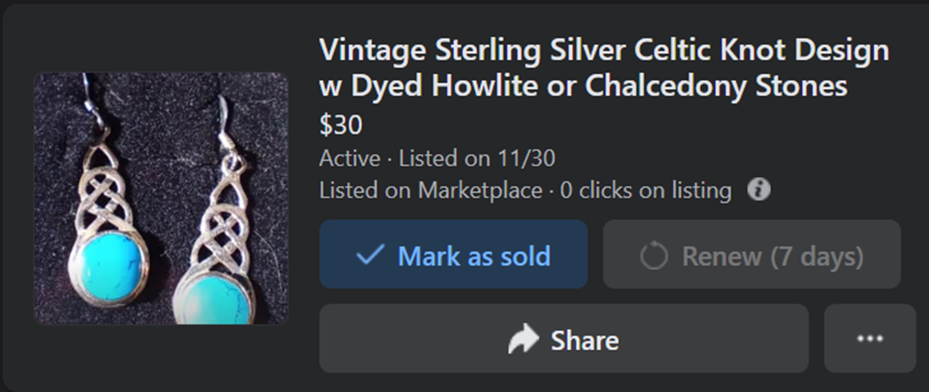 Screencap of earrings I have for sale on FB Marketplace