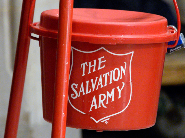 A Salvation Army bucket in Wheaton Illinois.