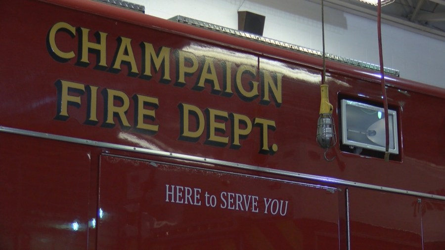 Firetruck with the logo of the Champaign Fire Department 