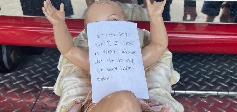 An image of a baby Jesus that was stolen from a business in Colorado being returned. An image of a baby Jesus that was stolen from a business in Colorado being returned.