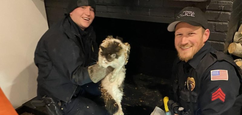 Powell police officers Gutierrez (L) and Sgt. Delbaggio with a cat that they rescued. Powell police officers Gutierrez (L) and Sgt. Delbaggio with a cat that they rescued.