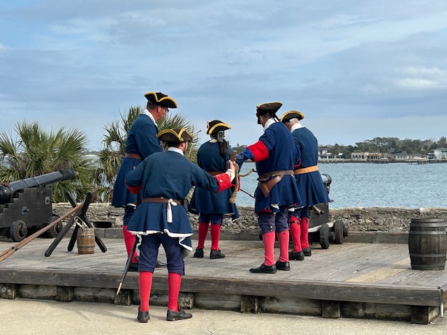 Park rangers and volunteers reenacting the firing of a cannon during the Spanish era of the Fort. Photo taken by and the property of FourWalls. Park rangers and volunteers reenacting the firing of a cannon during the Spanish era of the Fort. Photo taken by and the property of FourWalls.
