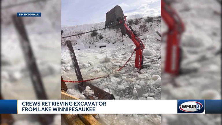 A huge excavator removed from an icy Lake Winnipesaukee by a contractor. A huge excavator removed from an icy Lake Winnipesaukee by a contractor.