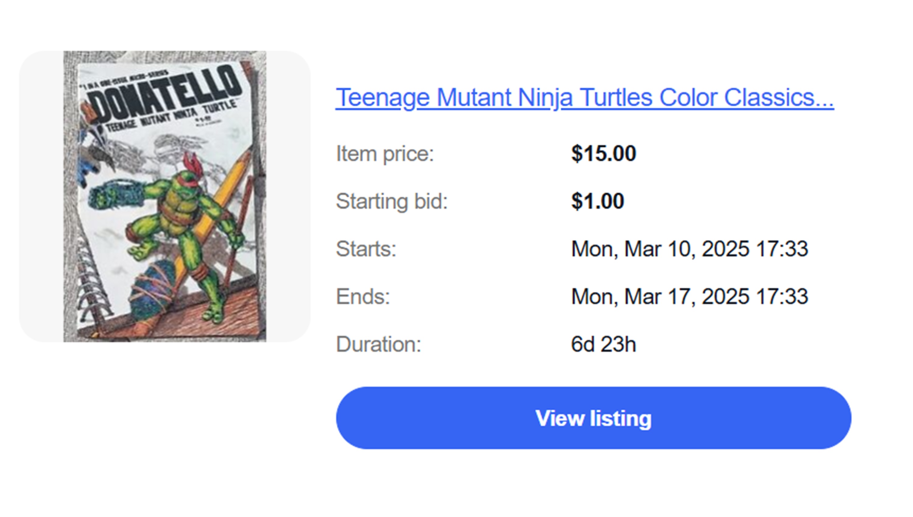 Screencap of the auction for TMNT Donatello comic Screencap of the auction for TMNT Donatello comic
