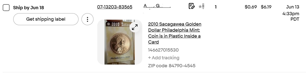 Screen cap of ebay sale