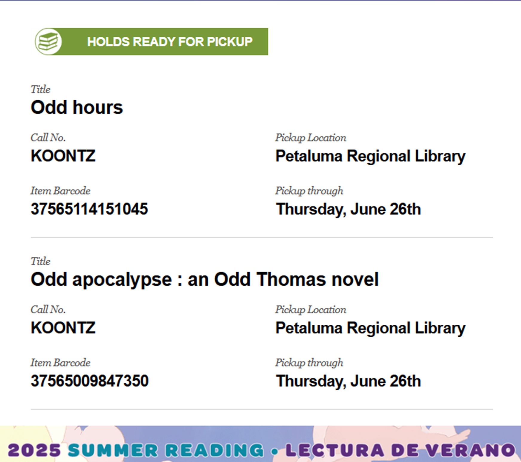 Email I got that my books are ready to pick up