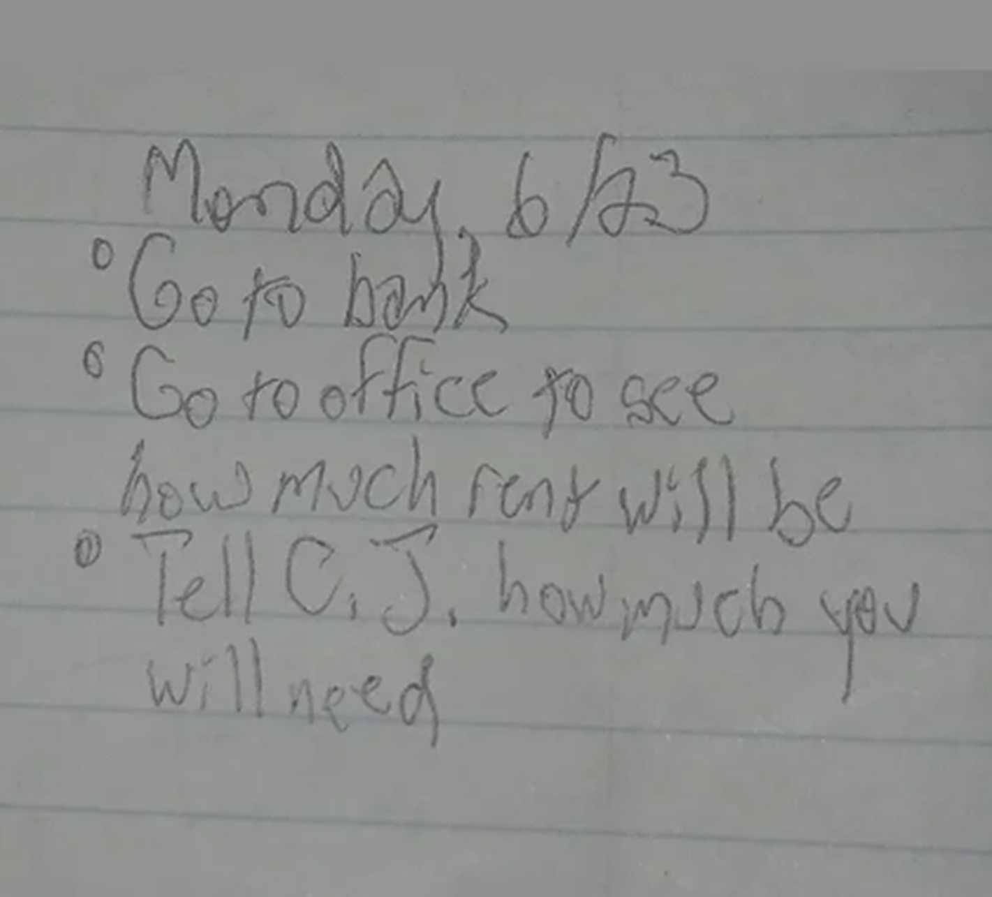 Photo of my to do list