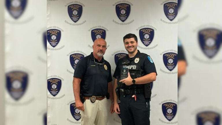 West Monroe Louisiana police officer Martin receiving a life saving award.