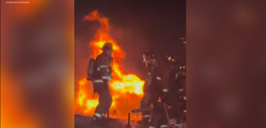 Fresco California firefighters rescue a cat on Saturday evening. 