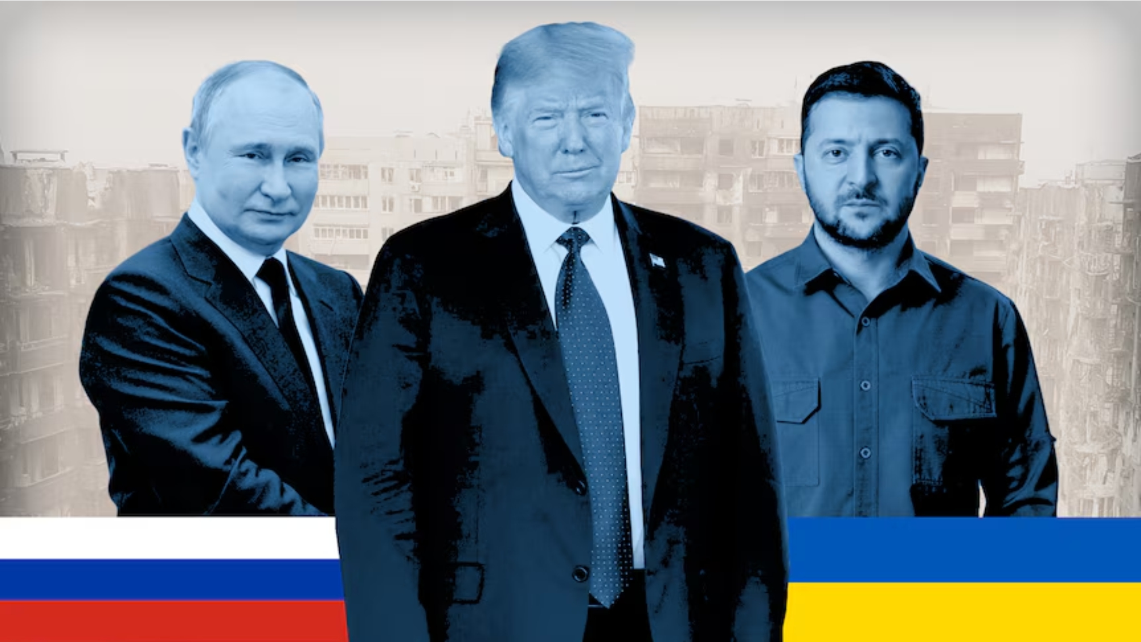 A photo collage of Presidents Donald Trump, Zelensky and Putin A photo collage of Presidents Donald Trump, Zelensky and Putin