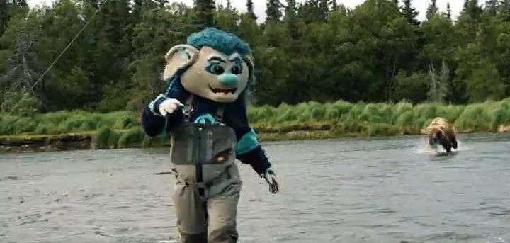 Seattle Kraken mascot in Alaska fishing.