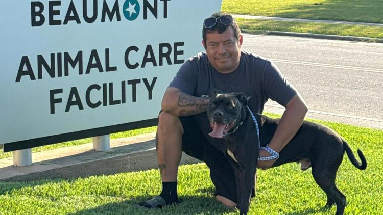 An official with an animal shelter in Texas with a pit bull that was found recently