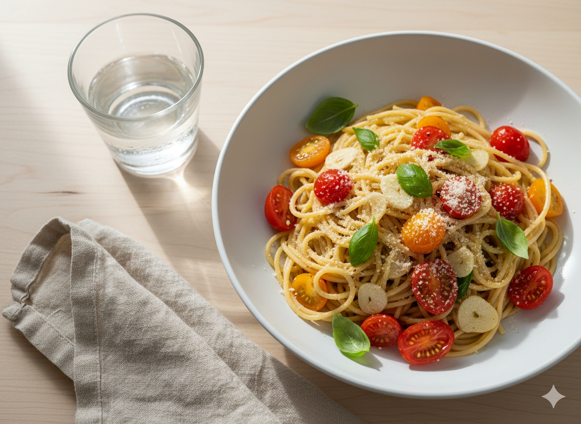 Cherry tomato, garlic and basil spaghetti