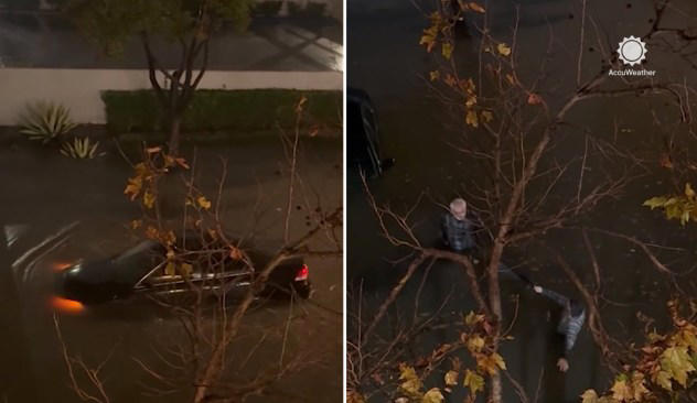 An auto that went floating in a street in Costa Mesa California An auto that went floating in a street in Costa Mesa California